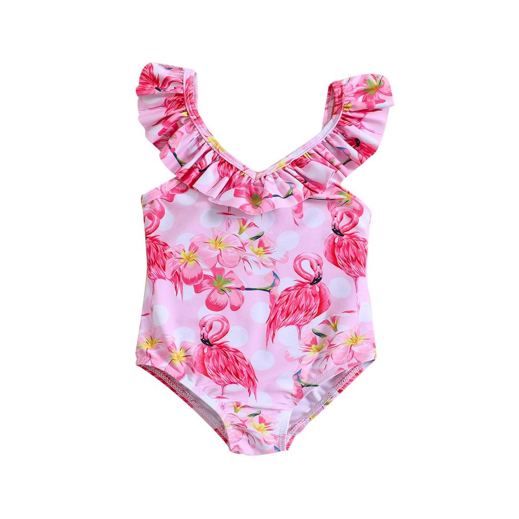 Flamingo Print V-Neck Spaghetti Strap One-Piece Swimsuit for Girls
