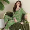 Silk Pajamas Women's Long Sleeve Tops Long Pants Pajamas Set Home Clothes Printed Evening Pajamas
