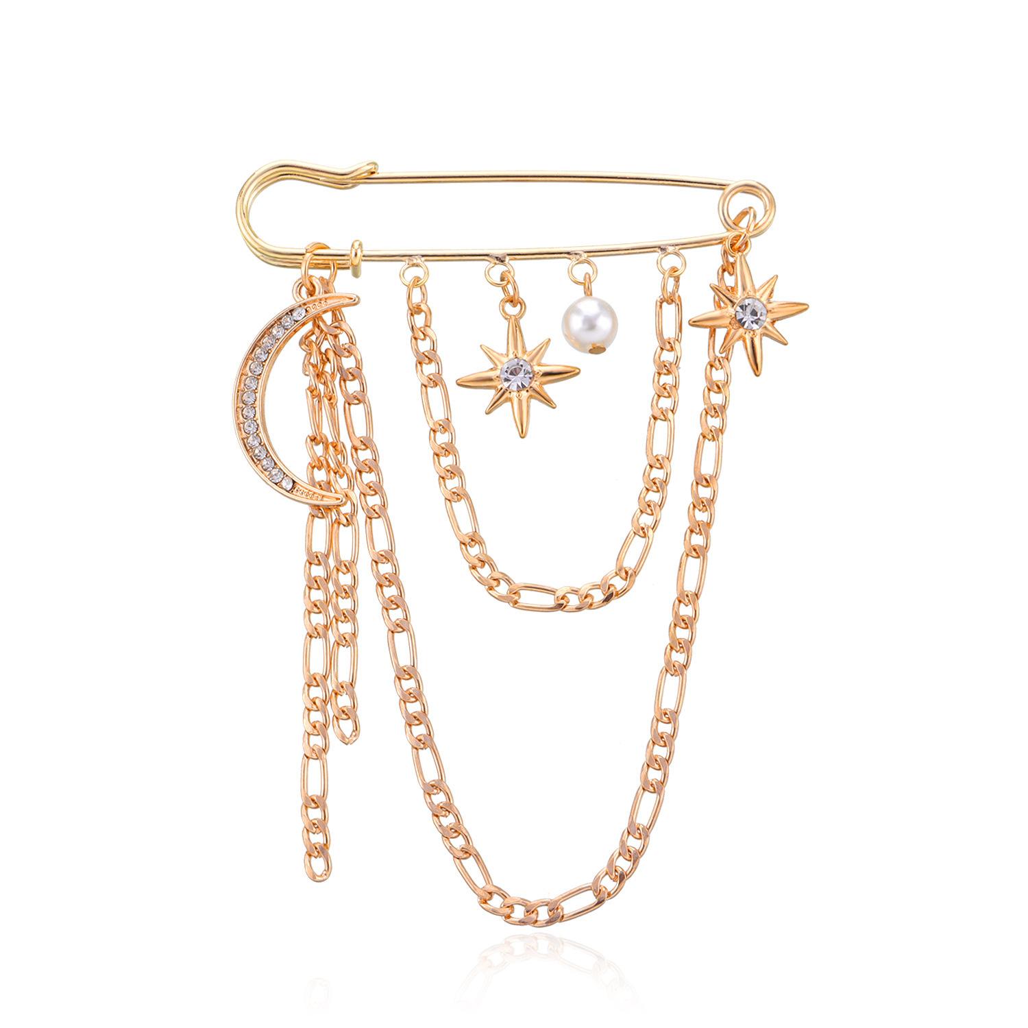 

Full Diamond Crescent Star Brooch, New Metal Chain Pearl Pin Accessories золотой