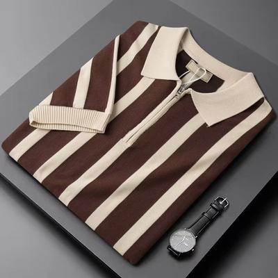 New Summer Minimalist Color Striped Casual Slim Fit British Retro Style Personalized Flip Collar Half Zip Knit Polo Shirt