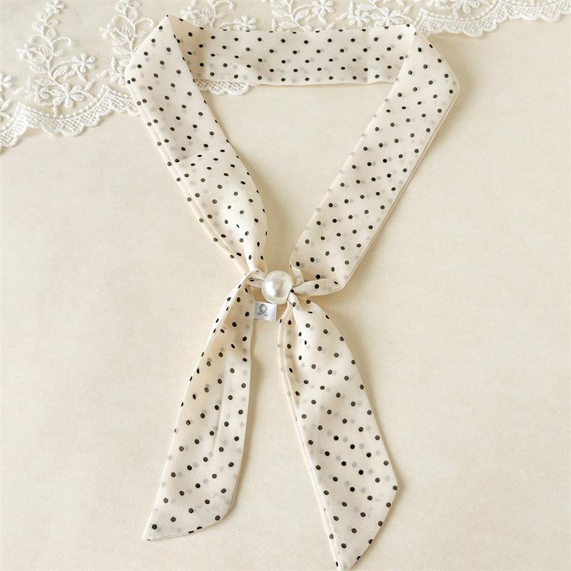 

Elegant Long Ribbons Featuring Minimalist Dot Patterns Accented By Lustrous Round Beads For Sophisticated Ponytail Styling And Neck Accessories Beige Polka Dot