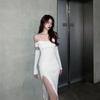 White Knitted Sexy One-word Shoulder Dress Female Autumn Royal Sister Wind Pure Desire To Close the Waist Split Fork Inside with a Bottom Skirt