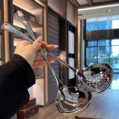 1Pc Long Handle Stainless Steel Spoon Soup Spoons Kitchen Tableware Hot Pot Scoops Colander Cooking Essential For Home