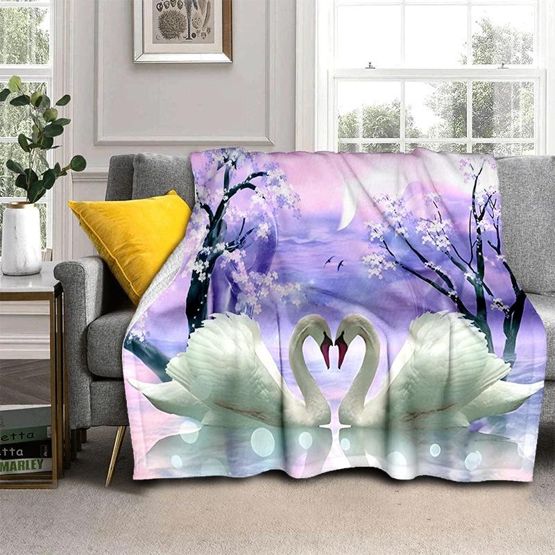 Romantic Swan Themed Blanket Couple Soft Flannel Blanket Holiday Gifts Air Travel Blanket