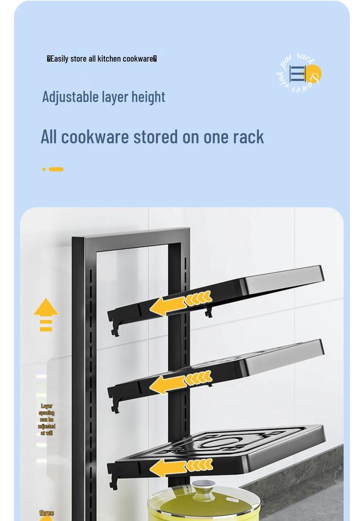 Adjustable Multi-Layer Kitchen Pot Rack - Floor-Standing Countertop Organizer and Cupboard Storage Solution