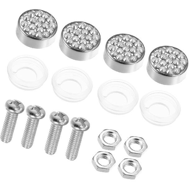 1 Set Bling Car License Plate Fasteners Screws Caps Covers White Universal Rhinestone License Plate Bolt Cap Plastic Washer Replace Parts Vehicle