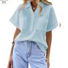 DX~Women's Cotton Linen Shirt Short Sleeved Henry Shirt Button Up V-neck Casual Work Top with Two Pockets