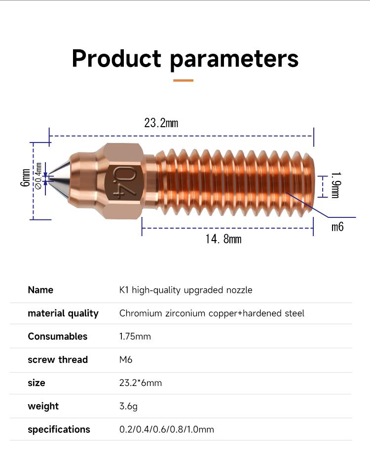Trysky Pro Creality Ender 3 V3 KE K1/K1 MAX Mosazí Pokovená Tvrzená Ocel 0.2/0.4/0.6/0.8/1.0mm Vysokoprůtokové Trysky