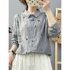 Women lapel leaf embroidery linen long sleeve shirt multi color loose casual bubble cuff button blousee