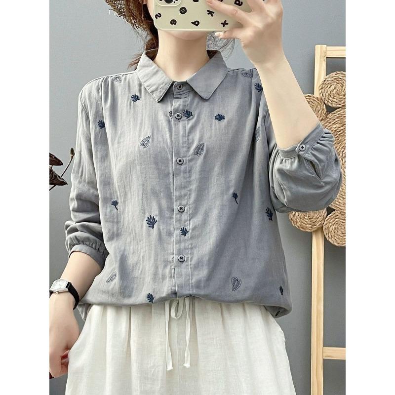 Women lapel leaf embroidery linen long sleeve shirt multi color loose casual bubble cuff button blousee