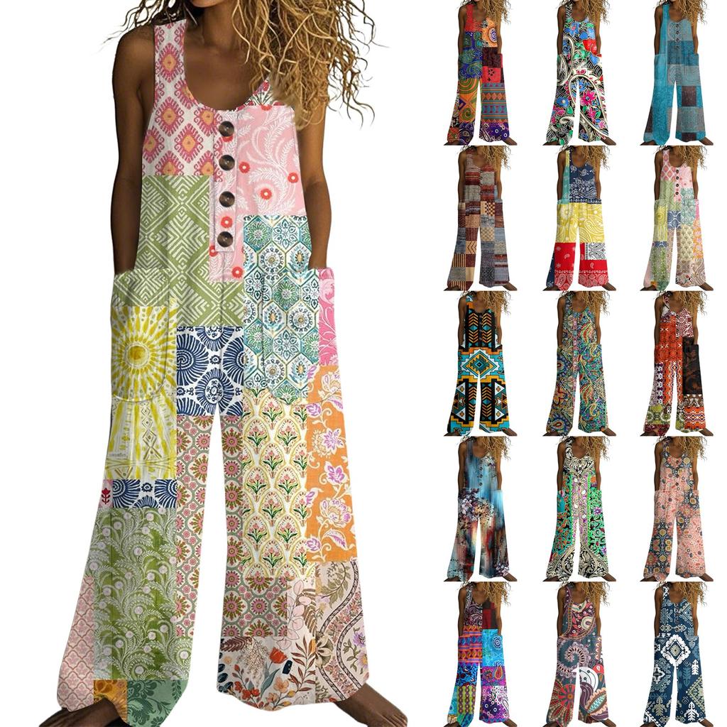 Women's Fashion Casual Button-down Sleeved Jumpsuit Retro Color Block Stitching Printed Cotton Pocket Jumpsuit