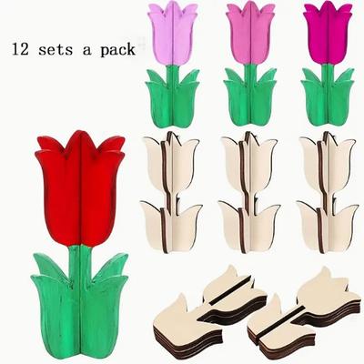 6/10/12Pcs DIY Unfinished Wooden Tulips - Paintable 3D Spring Flower Cutouts with Color Markers, Ideal for Crafts and Home Decor, Paintable Wood Decor