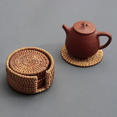 6-teiliges Getränkeuntersetzer-Set für Kungfu-Teezubehör, rundes Geschirr, Tischset, Untersetzer, Rattan-Gewebe, Tassenmatte, Pad, Durchmesser 8 cm