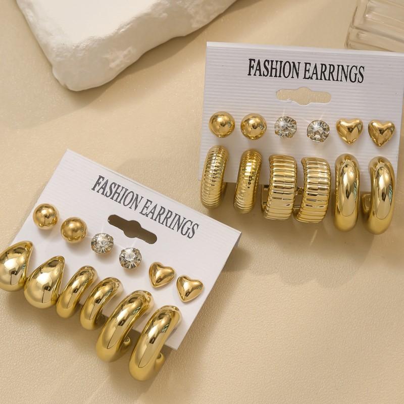 12pcs/24pcs New Artificial Crystal Heart Earring Sets for Women Exaggerated C-Shaped Resin Gold-Plated Earrings Jewelry Gifts
