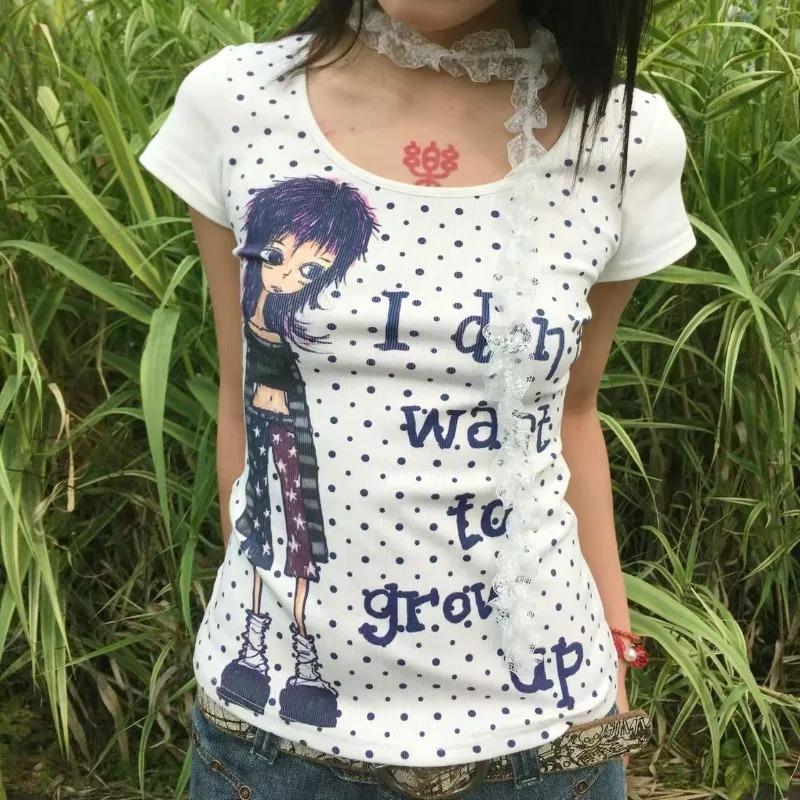 2KWEIRD Japanische Retro Subkultur Cartoon Print T-Shirts Sommer Harajuku Gepunktete Kurzarm-Tees Damen Punk Hottie Slim-Fit Tops