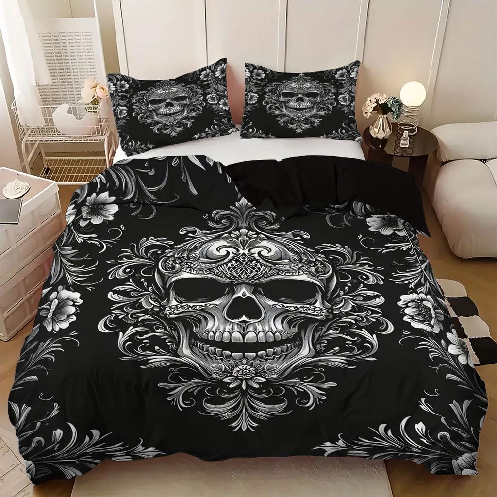 3PCS Black and White Skeleton Victorian Baroque Gothic Retro Duvet Set (1 Duvet Set+2 Pillowcases without Pillow Core)