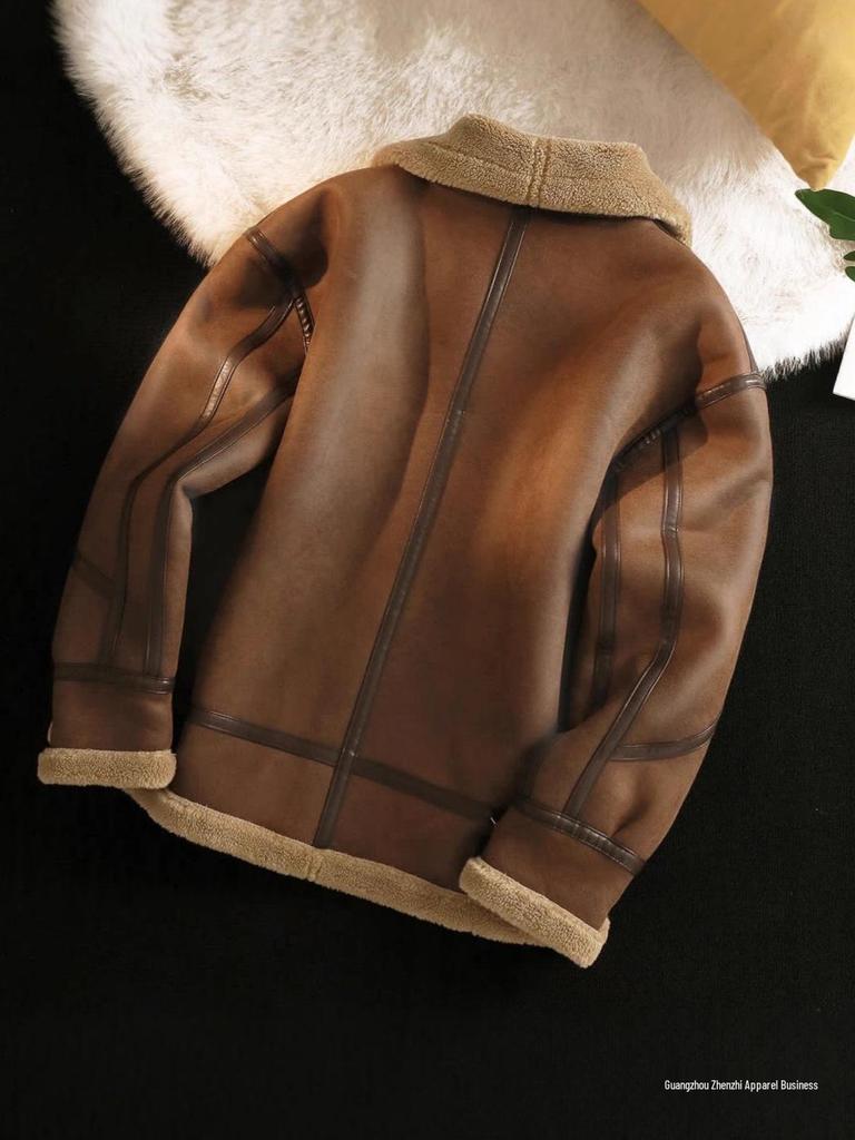 Men's Lambswool-Lined Leather Jacket with Fur Collar - Autumn/Winter Motorcycle Style