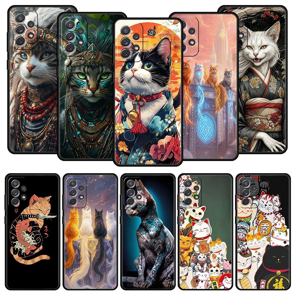 Phone Case for Samsung Galaxy A13 A15 A17 A07 A21S A22 A23 A25 A31 A73 A32 A52 A52S A41 5G Soft TPU Shell Animal Cat Tattoo Bags