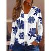 Printed Design Casual Style Blue Floral Print On White Women's Zip-Up Hooded Jacket