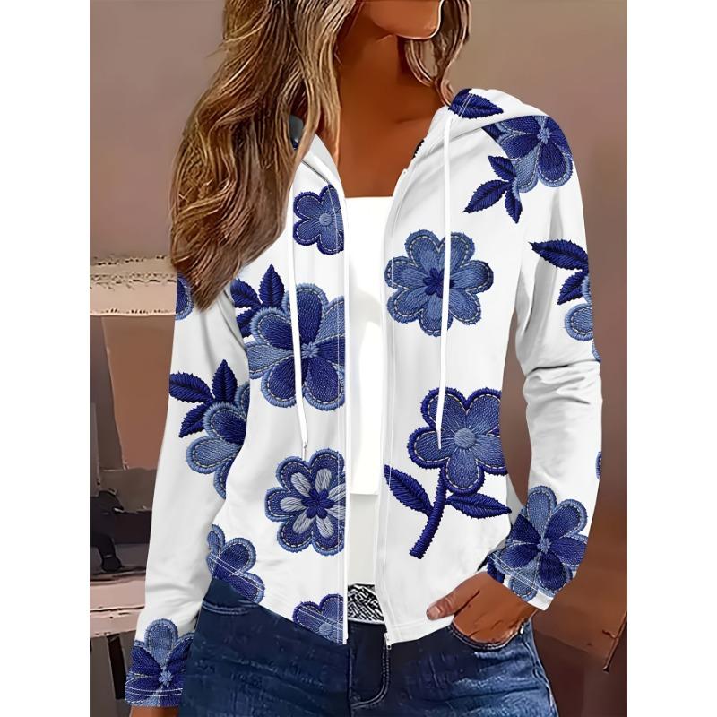 Printed Design Casual Style Blue Floral Print On White Women's Zip-Up Hooded Jacket