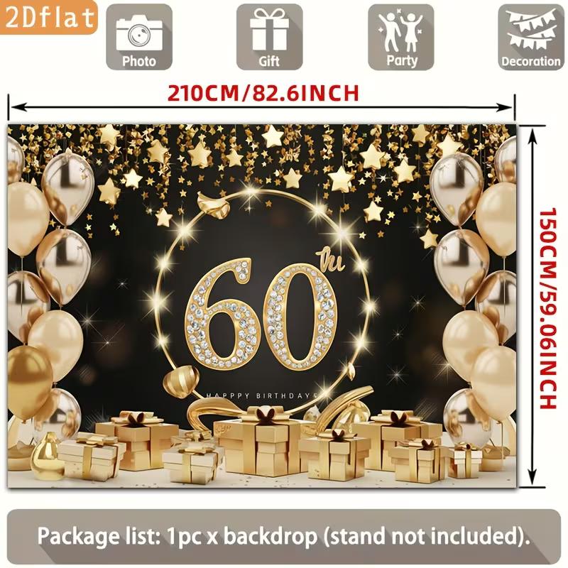 2D Black Gold 60 Birthday Backdrop Star Confetti & Balloon Decor Background Banner