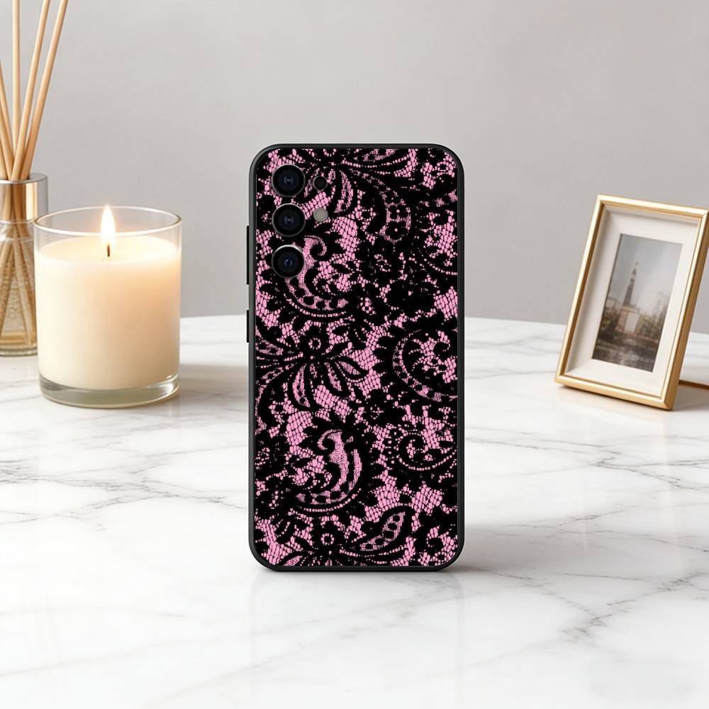 Beautful Black L-lace Print Phone Case For Samsung S25,S24,S21,S22,S23,S30,Ultra,S20,Plus,Fe,Lite,Note,10,Black Cover