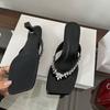 Fashion Luxury Fashion Rhinestones Women Low Heel Slippers Square Toe Ladies Heeled Slippers Sandals Shoes Female Slides Flip Flops