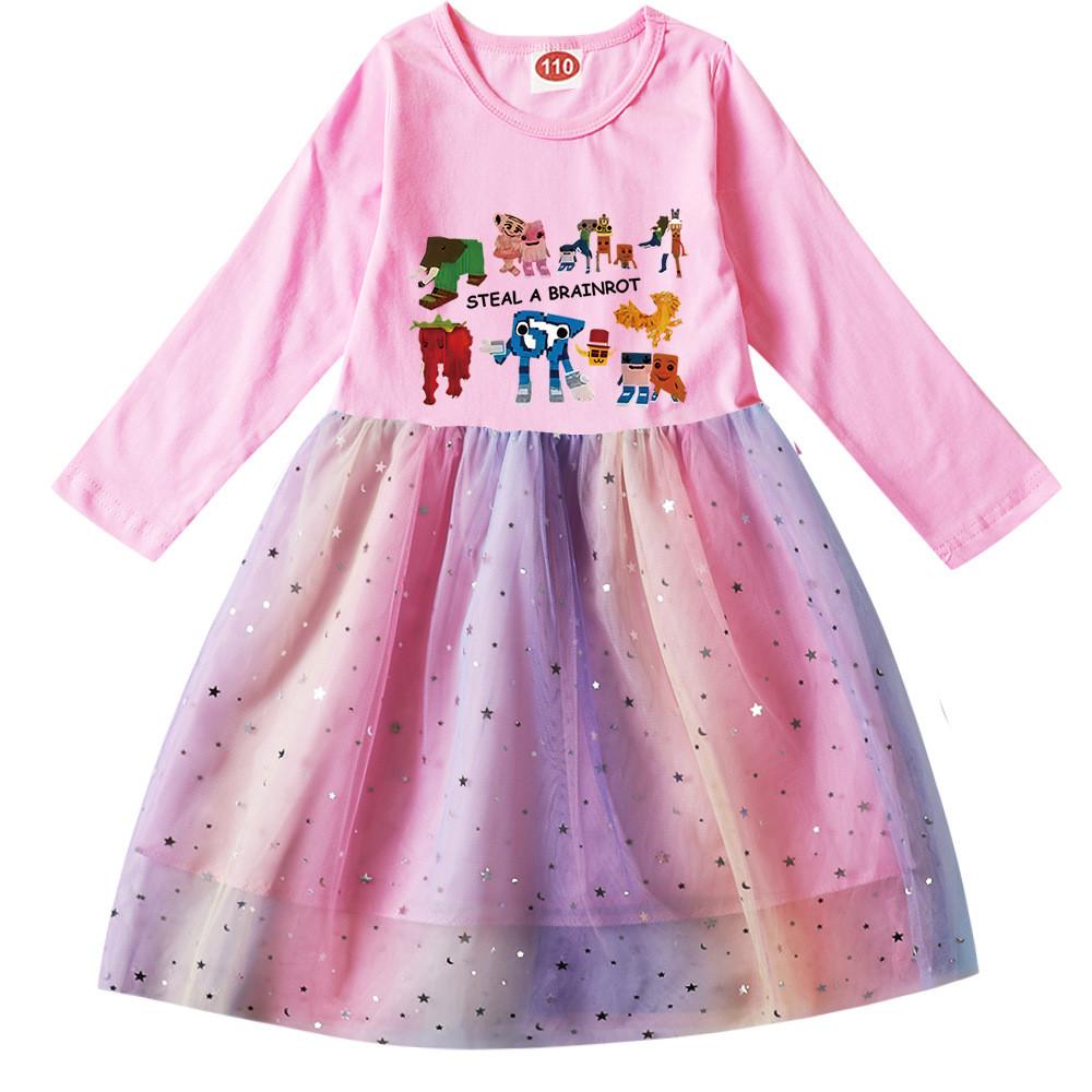 9191 Kids Girls Steal a Brainrot 67 Six Seven Print Long Sleeves Cotton Casual Sequins Rainbow Dress