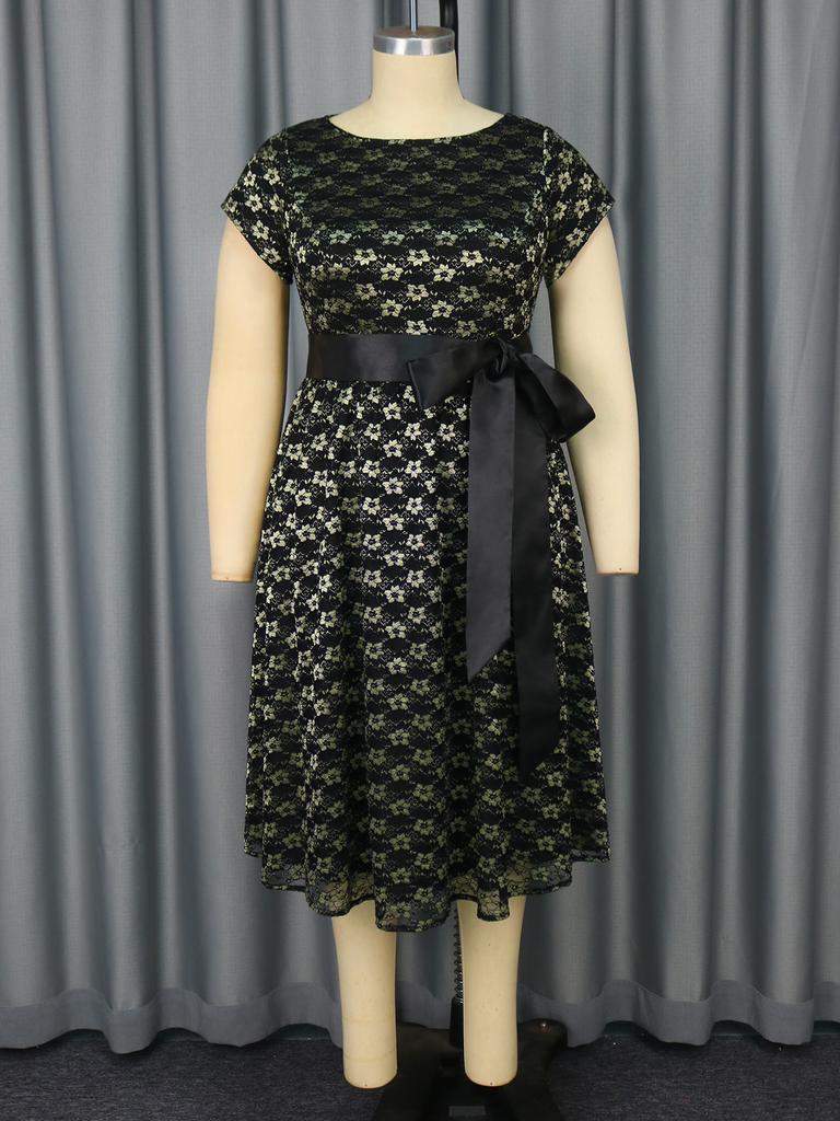 Print O Neck Short Sleeve Lace-Up High Waist A Line Mid-Calf Dress Elegant Vintage Style Dress for Women Party Outfit