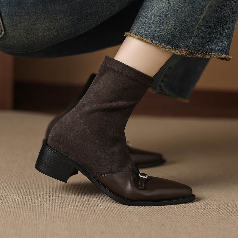 Krazing Po Microfiber Winter Pointed Toe Size 33 Western Boots Size 43 Metal Buckle Thick Heels Elastic Ankle Boots