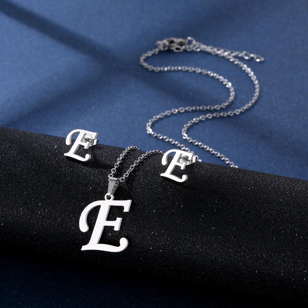 Fashion Alphabet Necklace And Earrings Set Shiny Colorfast Pendant Choker Jewelry
