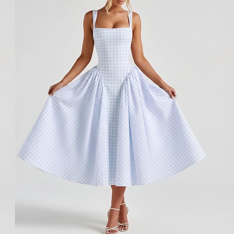 Vestido de Primavera 2026 Europeo y Americano para Mujer, Fresco, Dulce, Estampado, Cuadrado, Patchwork, Ajustado