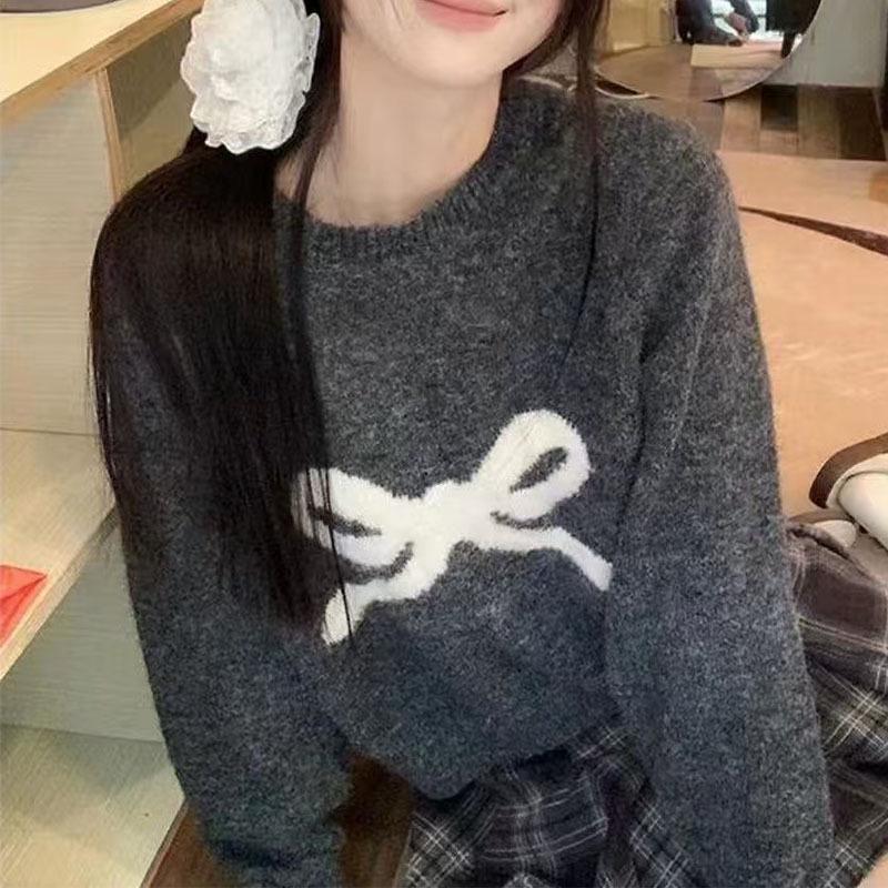 Lazy Style Merade Bow Round Neck Long Sleeve Women's Sweater - Soft & Fluffy Japanese Style Wool Cardigan for Autumn/Winter