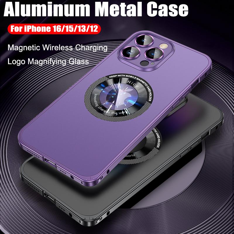 Latest Style Magnetic Wireless Charging Aluminum Metal Case For iPhone 16 15 14 13 12 Pro Max Lens Glass Film Hard PC Back Cover