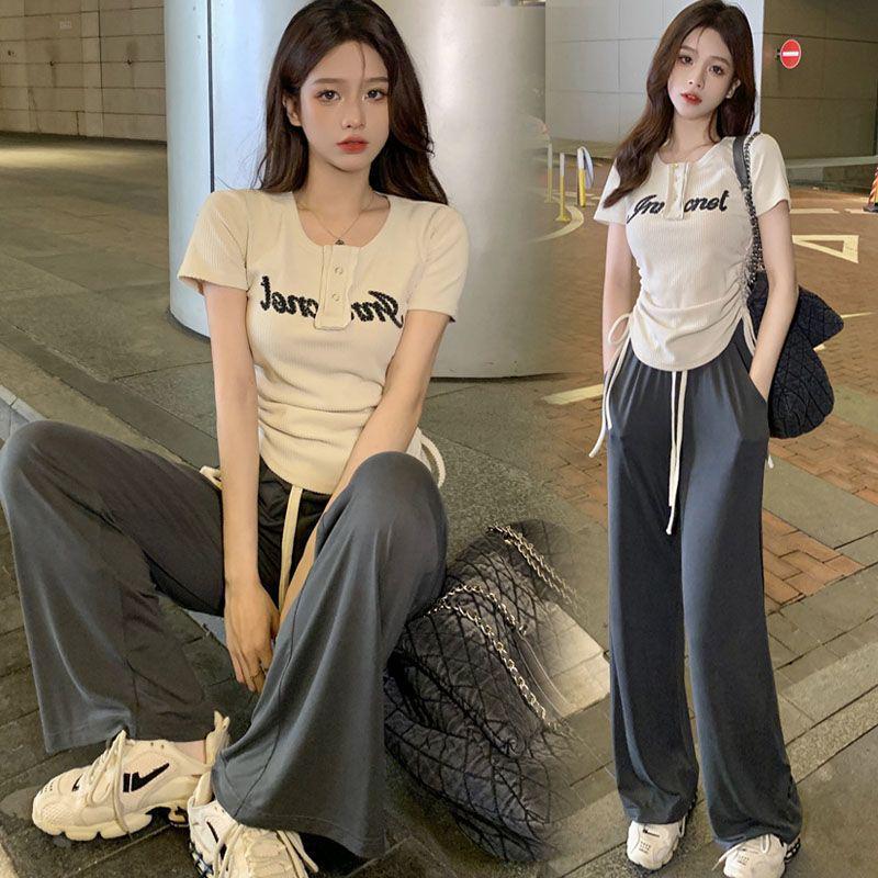 

2025 Women s American Retro Hot Girl Short Sleeve Drawstring T-Shirt Set L