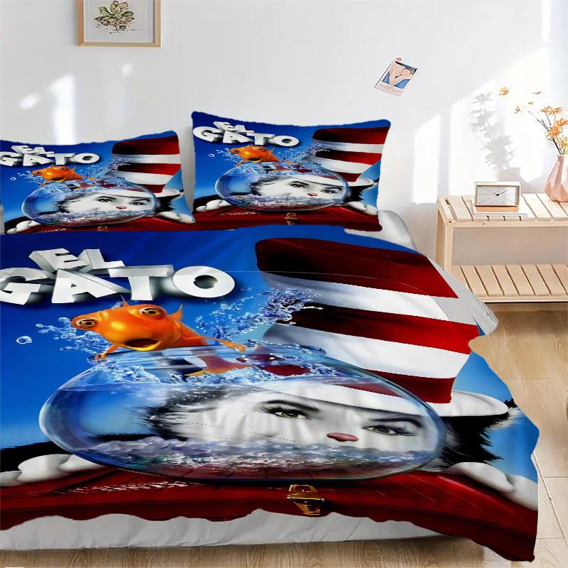 Cat Fish Print 3Pcs Bedding Set,Duvet Cover with 2 Bedro,Pillowcase Home Birthday Gift