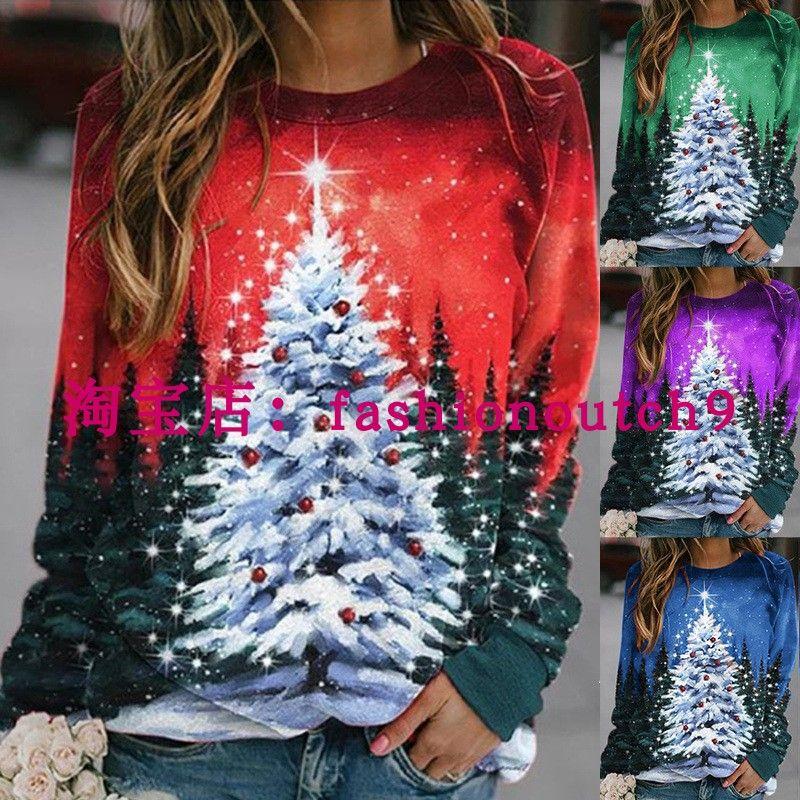 

Women Big Size 5XL 4XL 3XL 2XL T Shirt Christmas Tree Print Long Sleeves round Neck T-shirt Blue 2XL