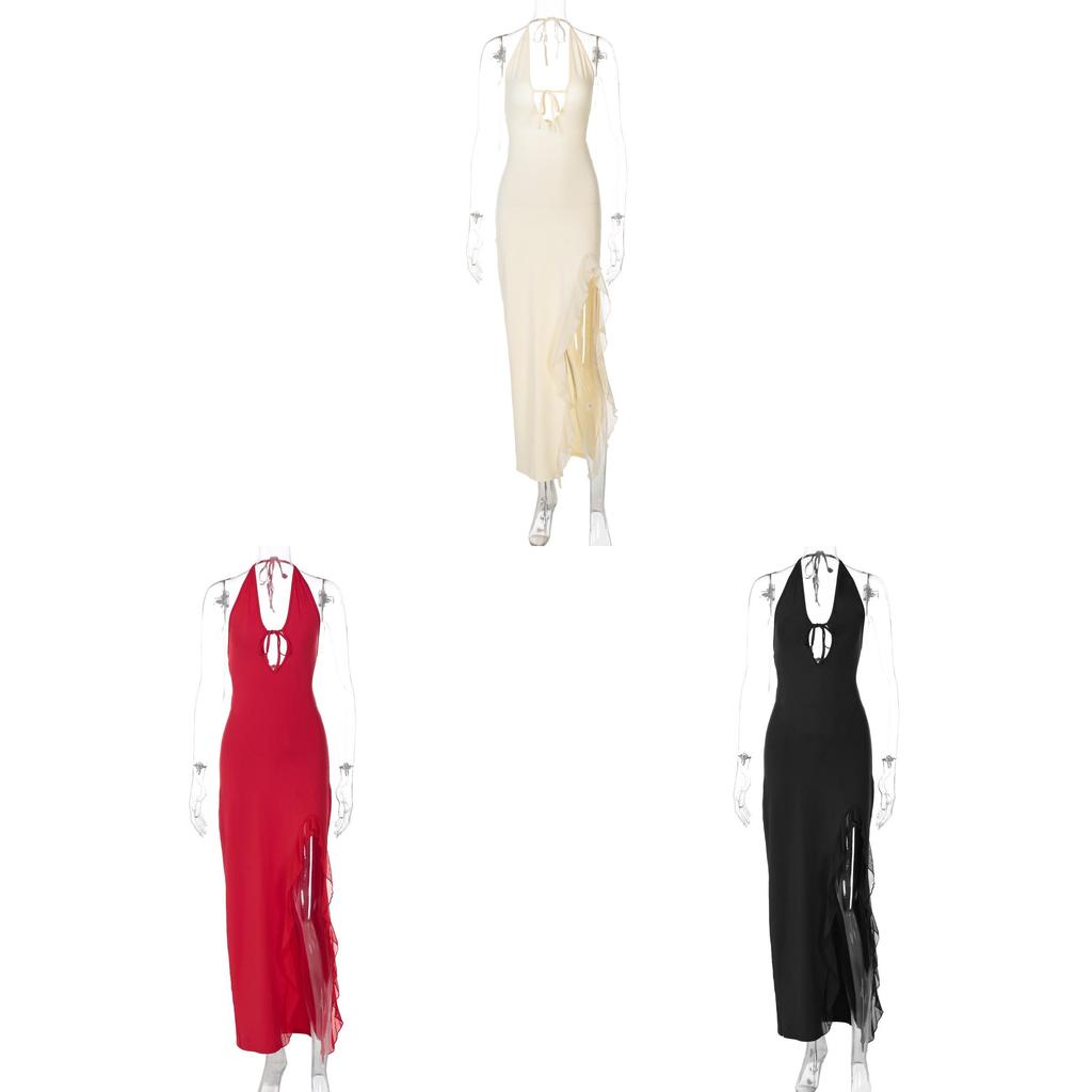 Vestito Sexy Scollo a V Schiena Scoperta per Donna con Bordi Arricciati e Vita Alta per la Primavera
