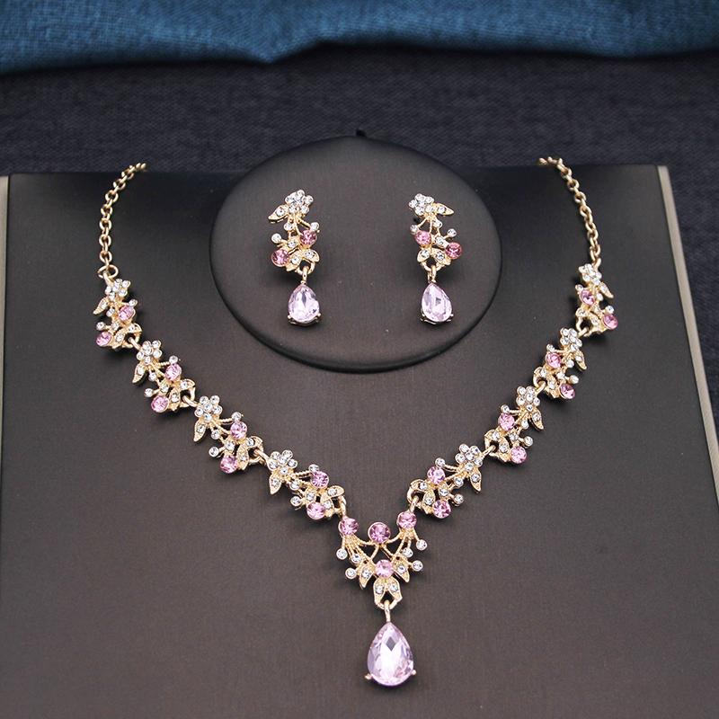 17 Colors Water Drop Purple Bridal Jewelry Sets for Women Party Prom Choker Necklace Earrings Bride Wedding Costume Accessories