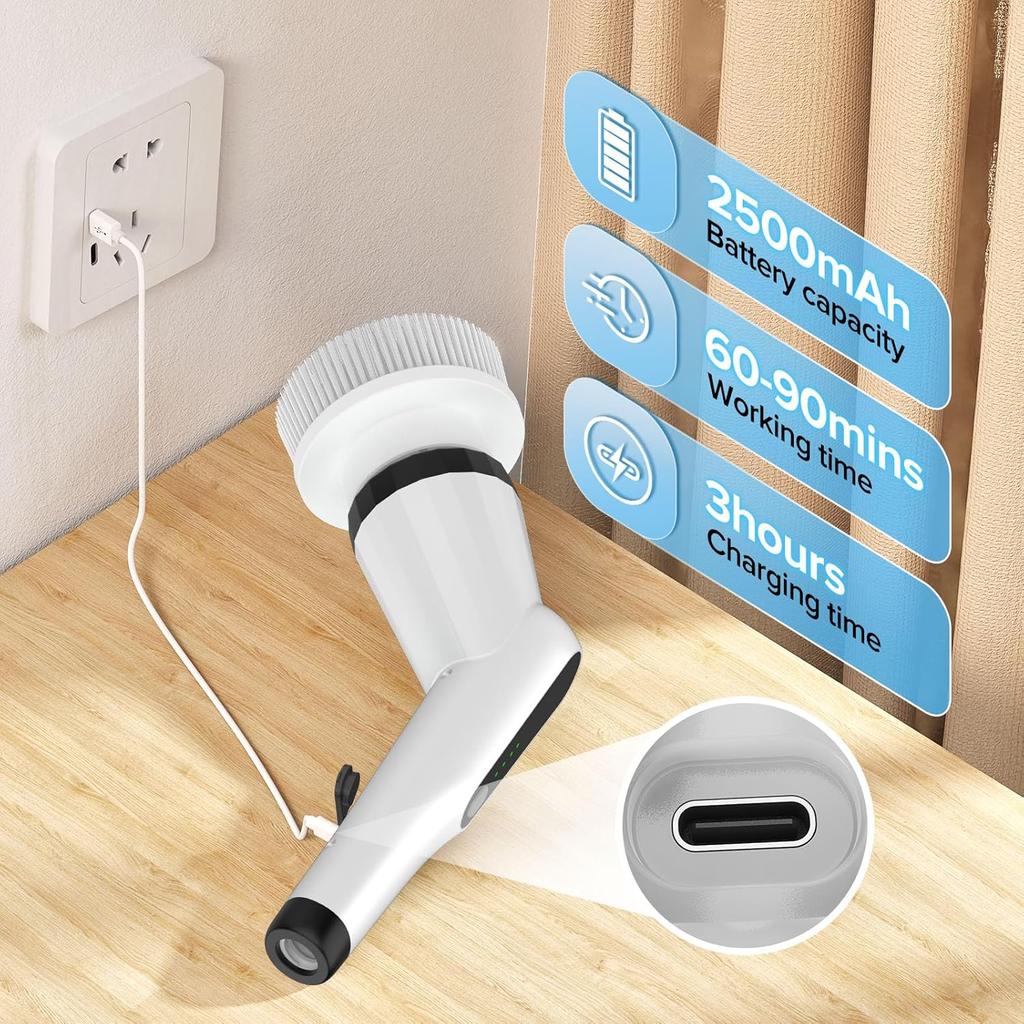 Electric Spin Scrubber, Dreazu IPX7 Bathroom Scrubber with 7 Replaceable Brush Heads & Retractable Handle, 2-Speed Adjustable Shower Cleaner Brush