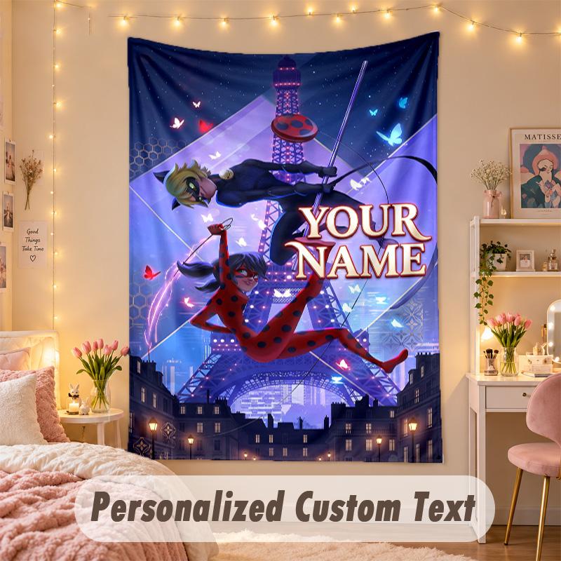 Custom Personalized Tapestry,Miraculous Ladybug Print Custom Name Text Wall Art Hanging for Bedroom