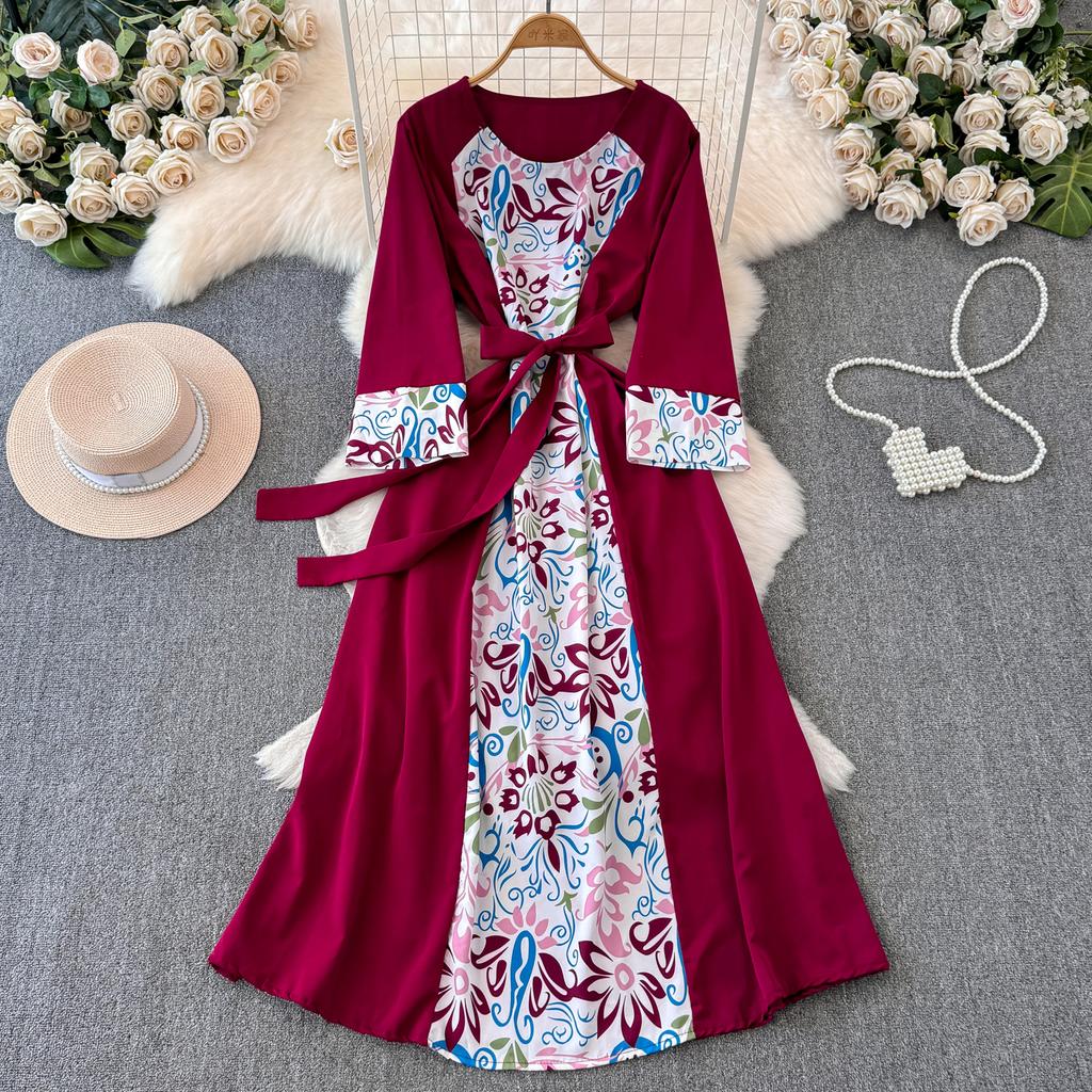 Podzimní Vintage Dámské Tištěné Patchworkové Dlouhé Šaty Elegantní O-Výstřih Vysoký Pas A-Linie Ležérní Maxi Šaty Dámské Sváteční Šaty