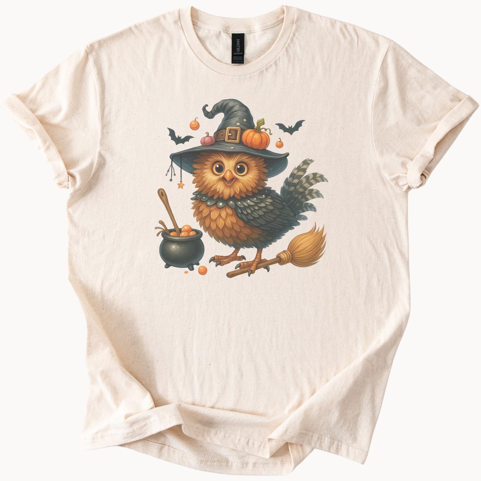 Cute Halloween Owl Witch Hat Broomstick Magic Cauldron Pumpkins Flying Bats Fall Themed Animal Graphic Shirt for Halloween 130