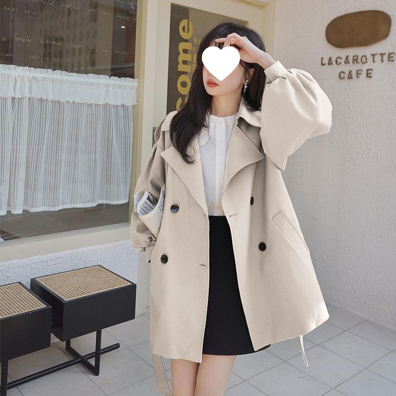 Khakifarbener Damen-Trenchcoat in lockerer Passform, Neuer koreanischer Stil für Frühling & Herbst 2025, Kleine Größe mit Puffärmeln
