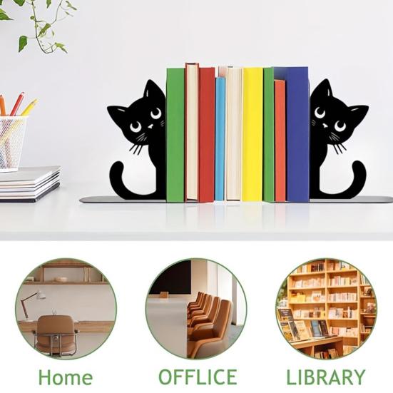 2Pcs Black Cat Bookends for Shelves Cute Metal Book Holder for Desk Heavy Duty