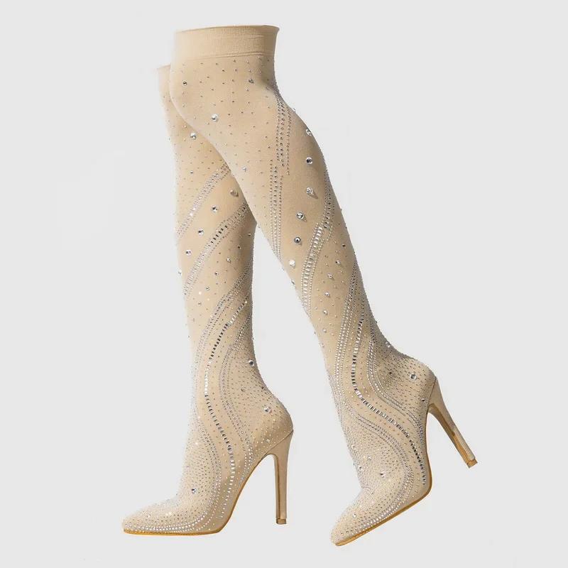 

Women Sexy Stretch Fabric High Thin Heel Boots Rhinestone Over The Knee Boots for Office Nightclub Evening Party Catwalk Show 35 абрикосовый