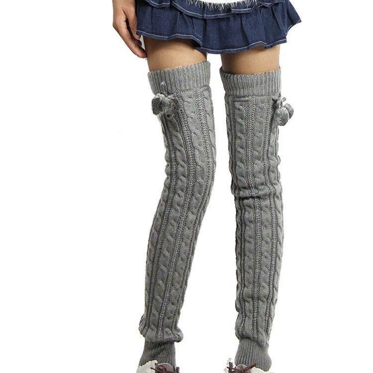 Extra Long Cable Knit Over-the-Knee Leg Warmers with Pom Pom