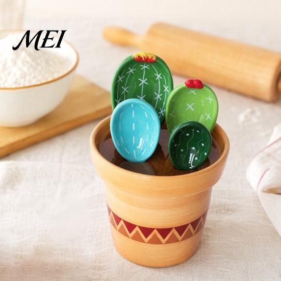 Bloempot Maatlepels Set 4 Stuks Lepels Set, Keramische Nestelbare Bekers met Standaard, Dagelijks Gebruik Schattig Keuken Bakgereedschap voor Koffie Thee, Cadeau