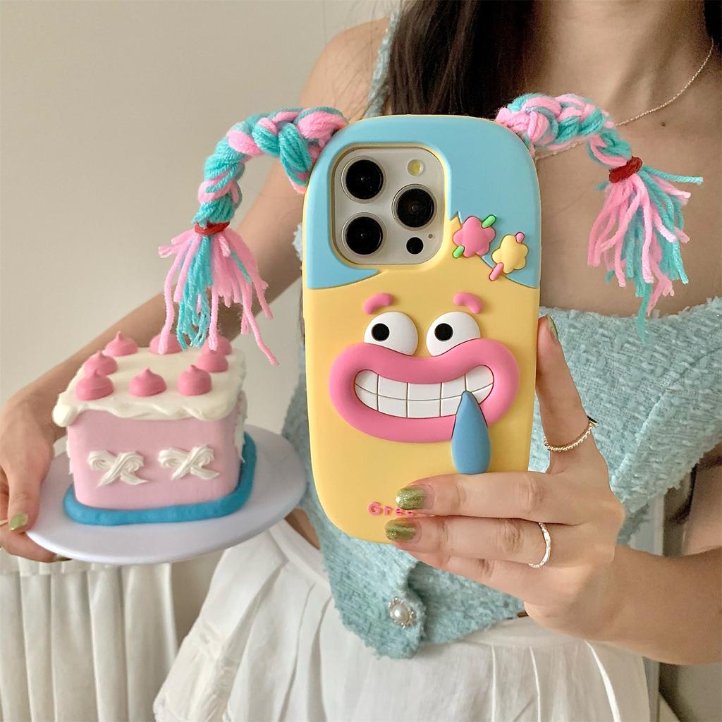 For iPhone 16 Pro Max Silicone Case Cute Colorful Braids Girl Design Shockproof Phone Back Cover