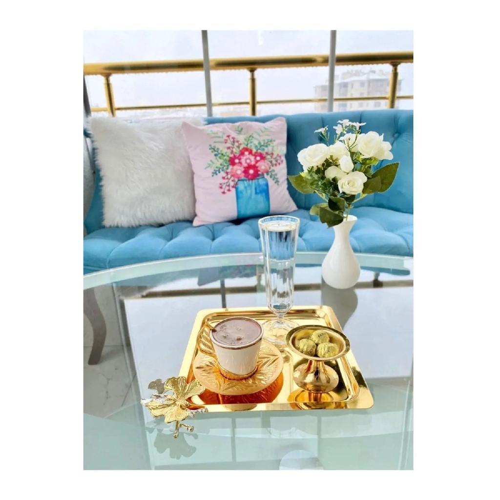 6-piece Luxury Silver Square Coffee Serving Tray | Stainless Steel Coffee, Tea, Decorative With Butterfly Accessory